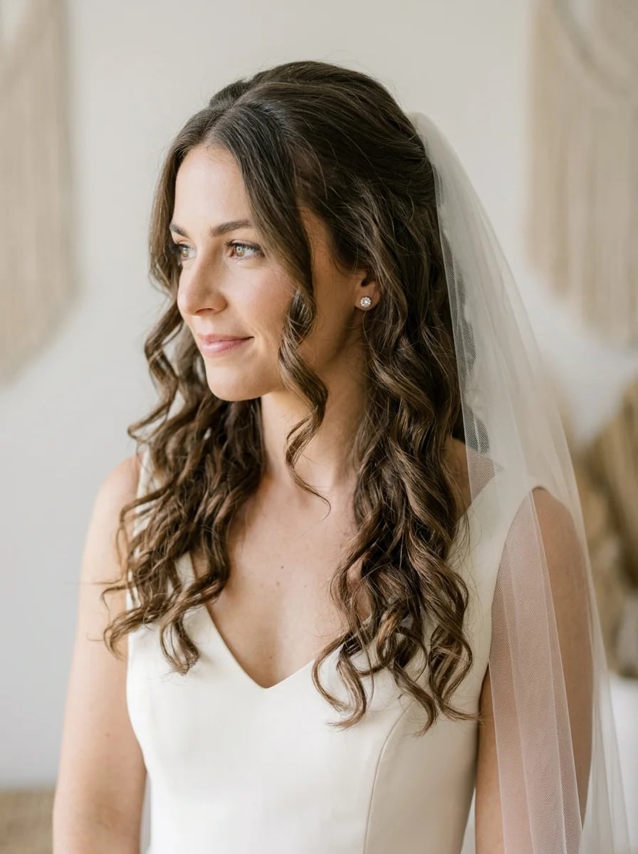 Half Up With Loose Curls and Curtain Bangs — Trendy Bridal Hairstyles