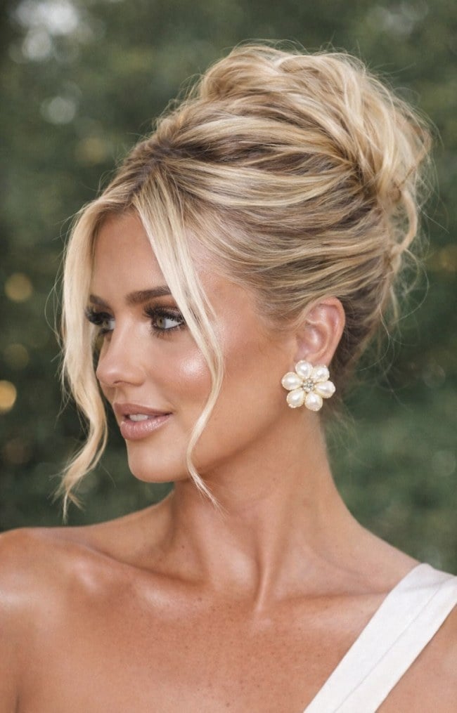 Romantic Champagne Blonde Updo With Wispy Pieces — Trendy Bridal Hairstyles