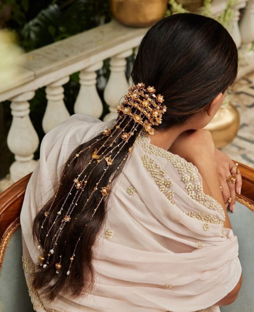 Straight Dark Brown With Elaborate Hair Jewelry — Trendy Bridal Hairstyles