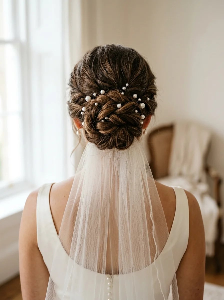 Braided Dark Brown Updo With Pearl Pins — Trendy Bridal Hairstyles