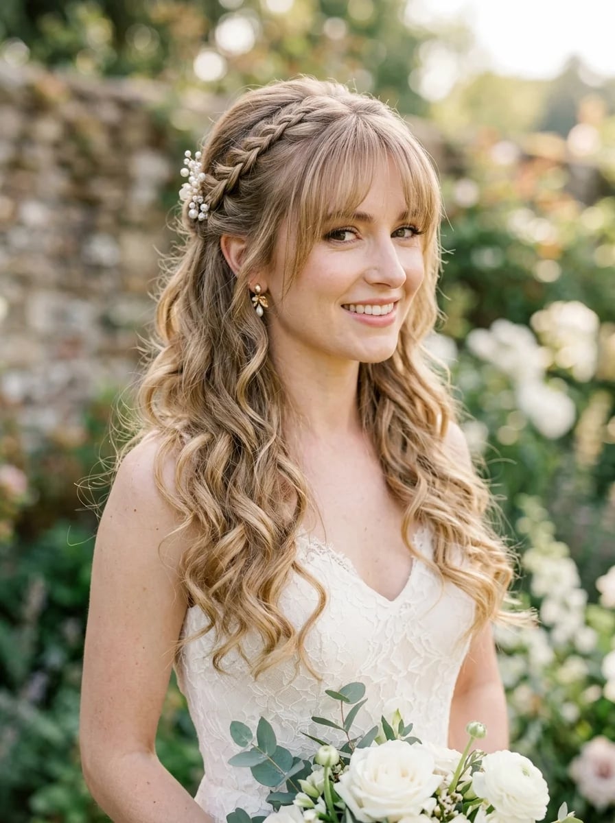 Shoulder-Length Curls With Braid and Bangs — Trendy Bridal Hairstyles