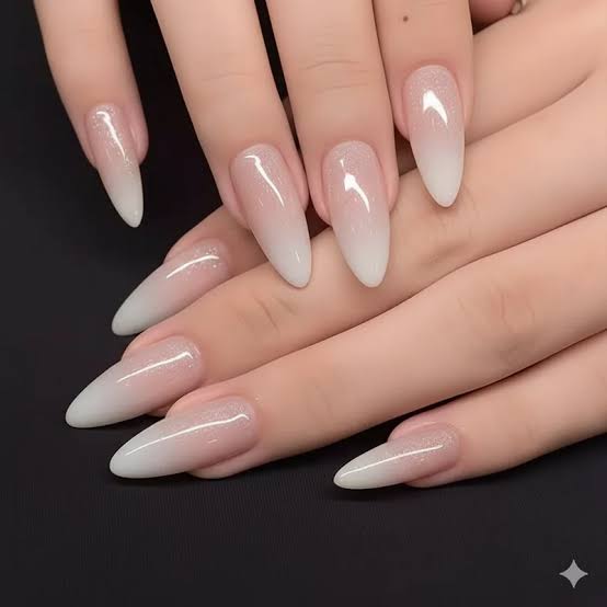 Medium Sharp Almond Nude White Ombre Glitter Nails Medium Sharp Almond Nude White Ombre Glitter Nails — Trendy Bride Nail