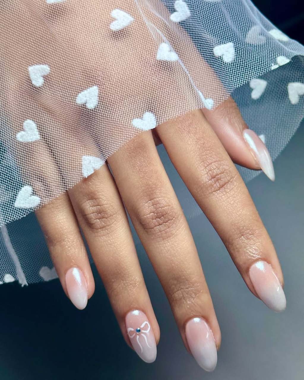 Medium Almond Nude White Ombre 3D Bow Nails, Glossy Medium Almond Nude White Ombre 3D Bow Nails, Glossy — Trendy Bride Nail