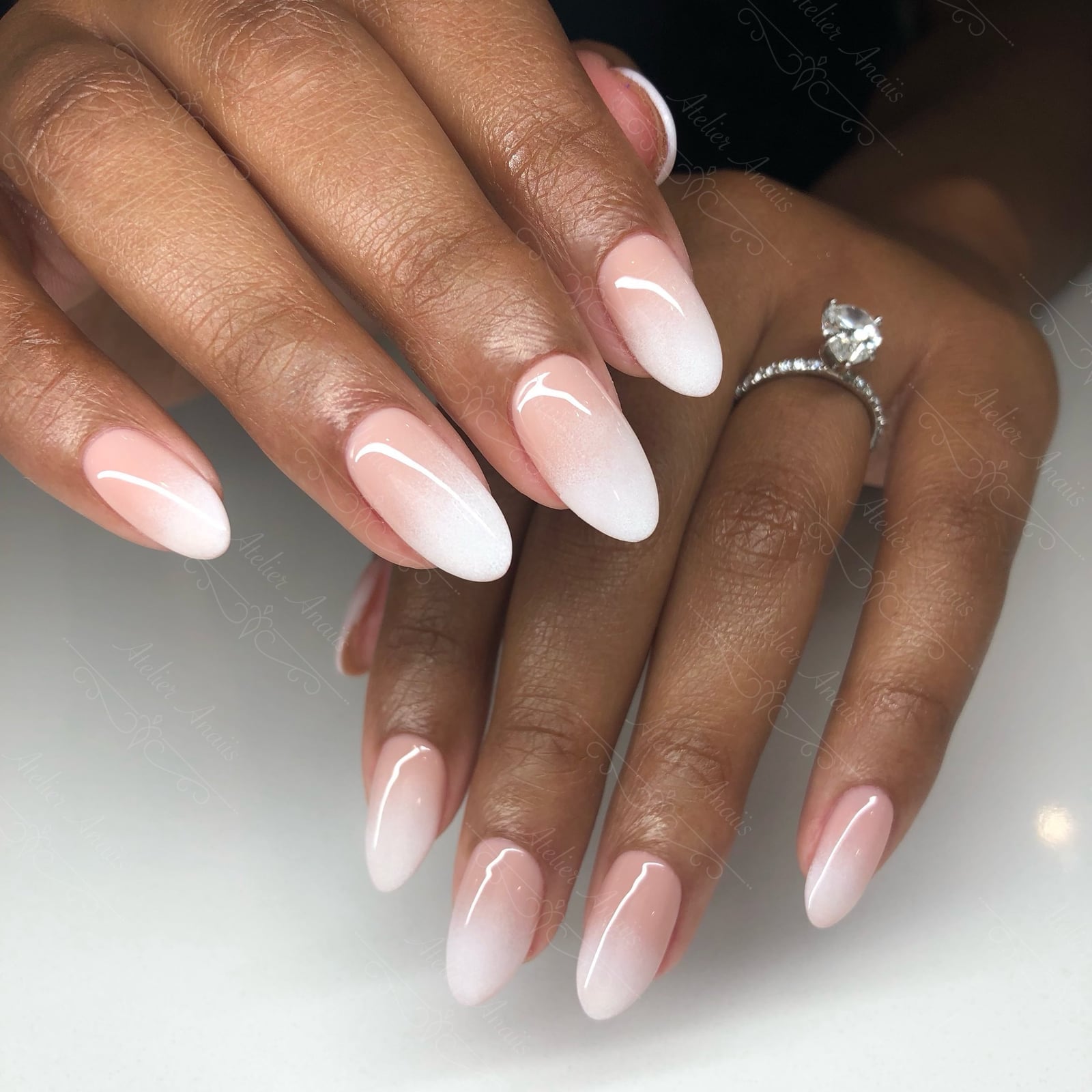 Medium Oval Sheer Nude White Ombre Nails Medium Oval Sheer Nude White Ombre Nails — Trendy Bride Nail