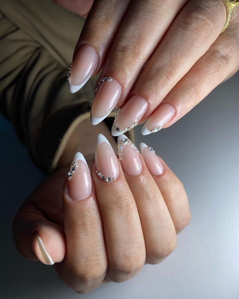 Medium Almond Rhinestone French Tip Nails Medium Almond Rhinestone French Tip Nails — Trendy Bride Nail