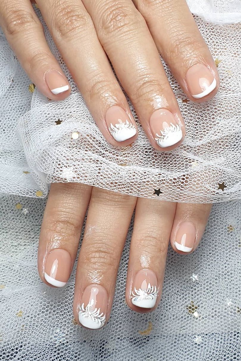 Short Square White French Floral Accent Nails Short Square White French Floral Accent Nails — Trendy Bride Nail