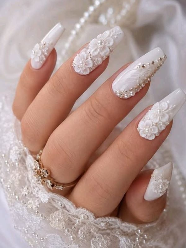 Medium Long Square White 3D Flower Embellished Nails Medium Long Square White 3D Flower Embellished Nails — Trendy Bride Nail