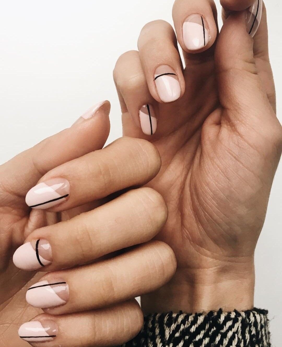 Short Almond Pale Pink Black Line Art Nails Short Almond Pale Pink Black Line Art Nails — Trendy Bride Nail