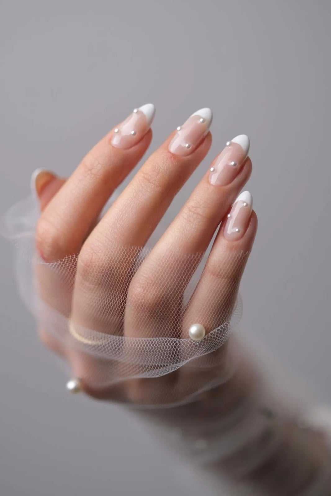 Medium Almond Pearl French Tip Bridal Nails Medium Almond Pearl French Tip Bridal Nails — Trendy Bride Nail