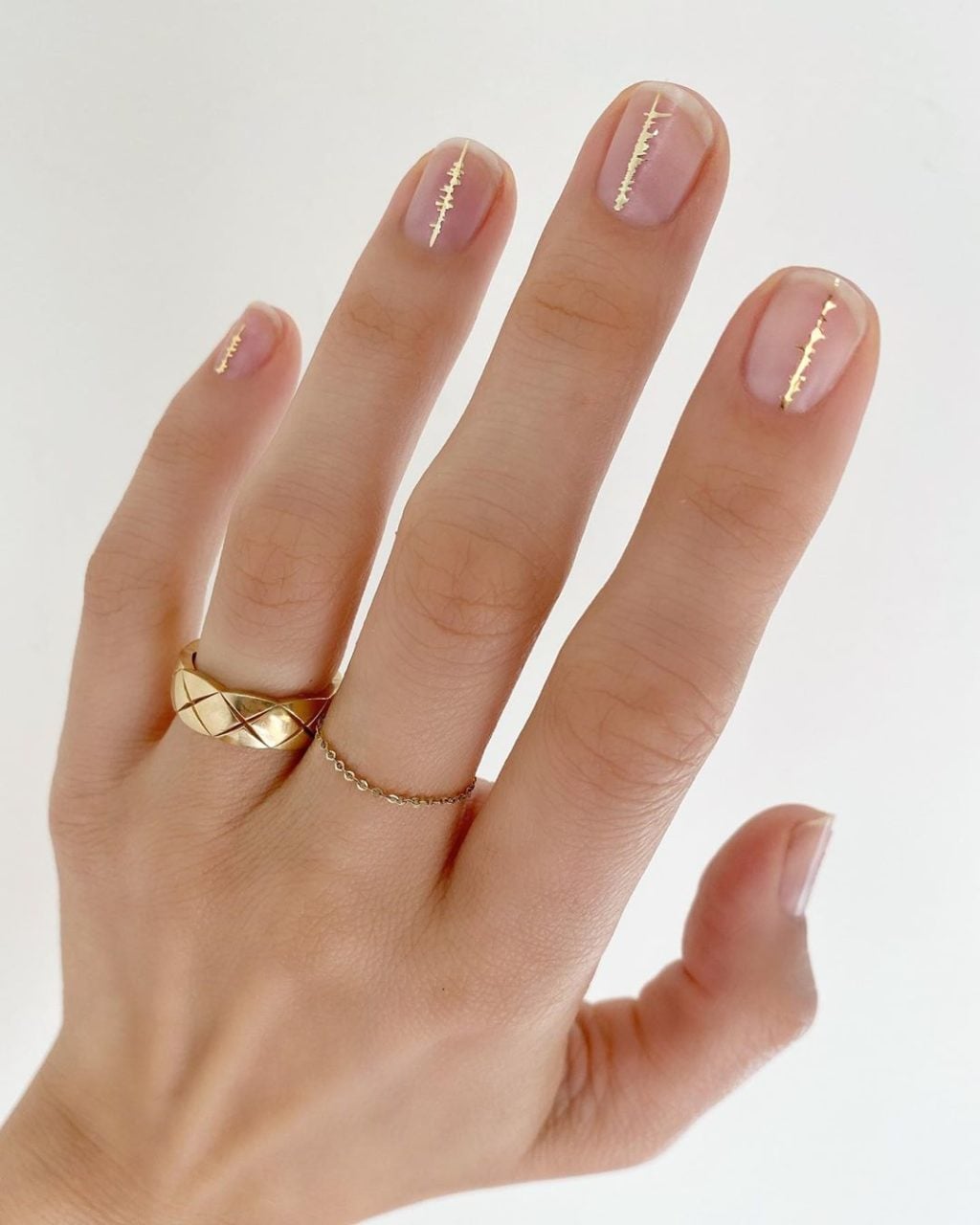 Short Almond Sheer Nude Gold Foil Line Nails Short Almond Sheer Nude Gold Foil Line Nails — Trendy Bride Nail