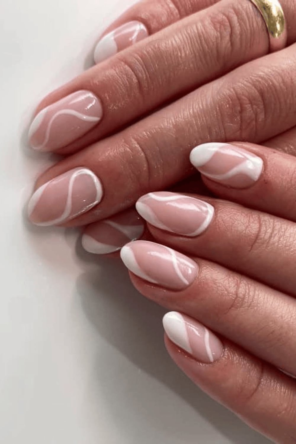 Medium Oval Soft Pink Abstract White Line Nails Medium Oval Soft Pink Abstract White Line Nails — Trendy Bride Nail