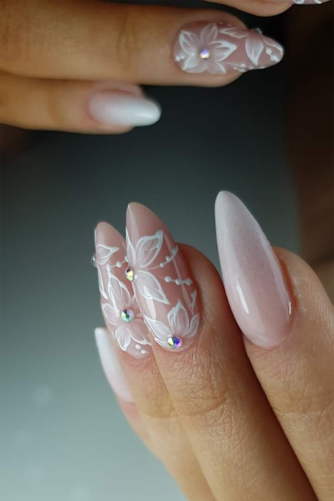 Long Almond Sheer Nude 3D Floral Art Nails Long Almond Sheer Nude 3D Floral Art Nails — Trendy Bride Nail