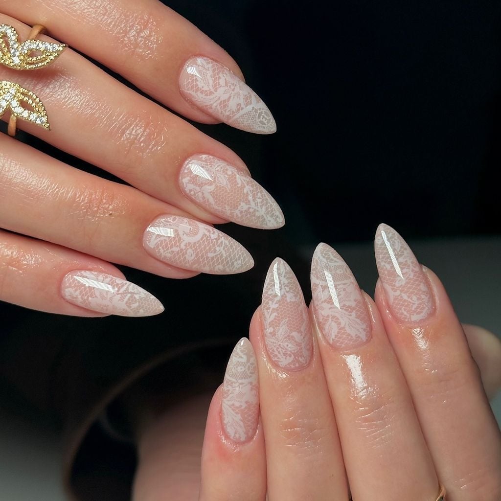 Long Stiletto White Lace Pattern Nails Long Stiletto White Lace Pattern Nails — Trendy Bride Nail