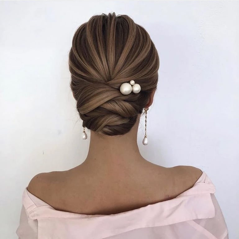 Thick Wavy Updo With Intricate Twists — Trendy Bridesmaid Hair