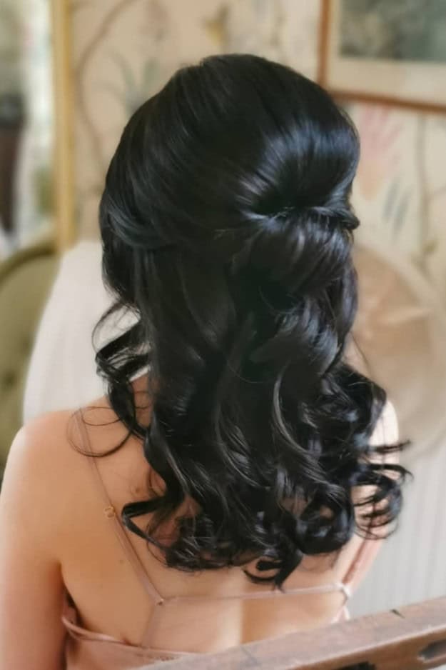 Dark Brown Half-Up With Voluminous Curls — Trendy Bridesmaid Hair