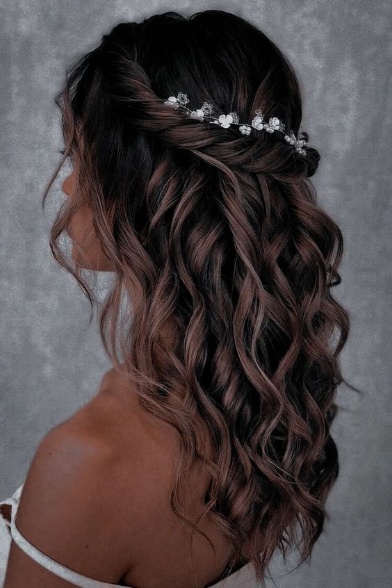Dark Brown Half-Up With Caramel Balayage Waves — Trendy Bridesmaid Hair