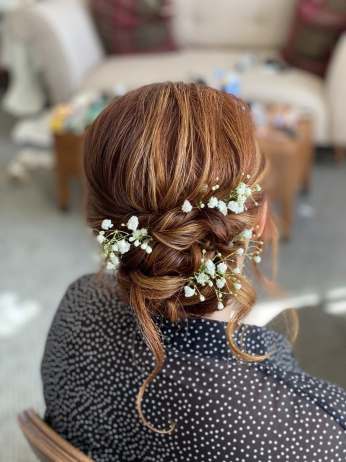 Auburn Braided Updo With Baby's Breath — Trendy Bridesmaid Hair