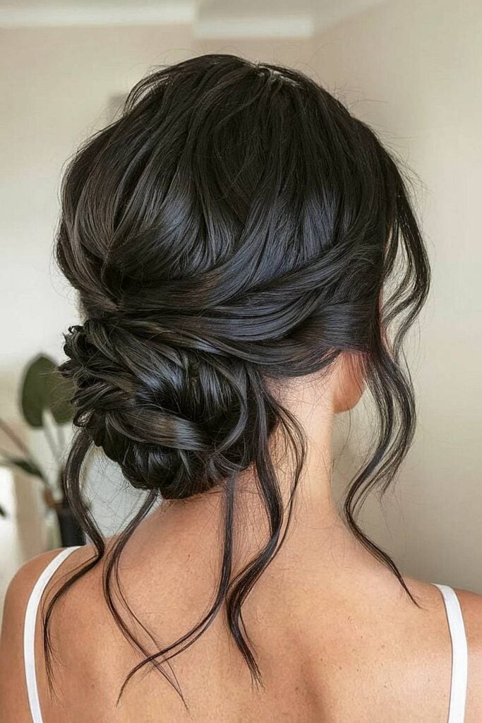 Loose Dark Brown Updo With Face-Framing Tendrils — Trendy Bridesmaid Hair