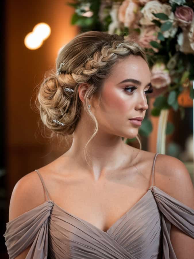Blonde Updo With Braids and Curtain Bangs — Trendy Bridesmaid Hair