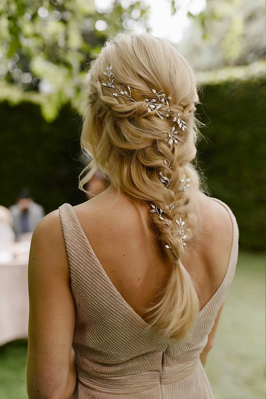 Ash Blonde Fishtail Braid With Leaf Pins — Trendy Bridesmaid Hair