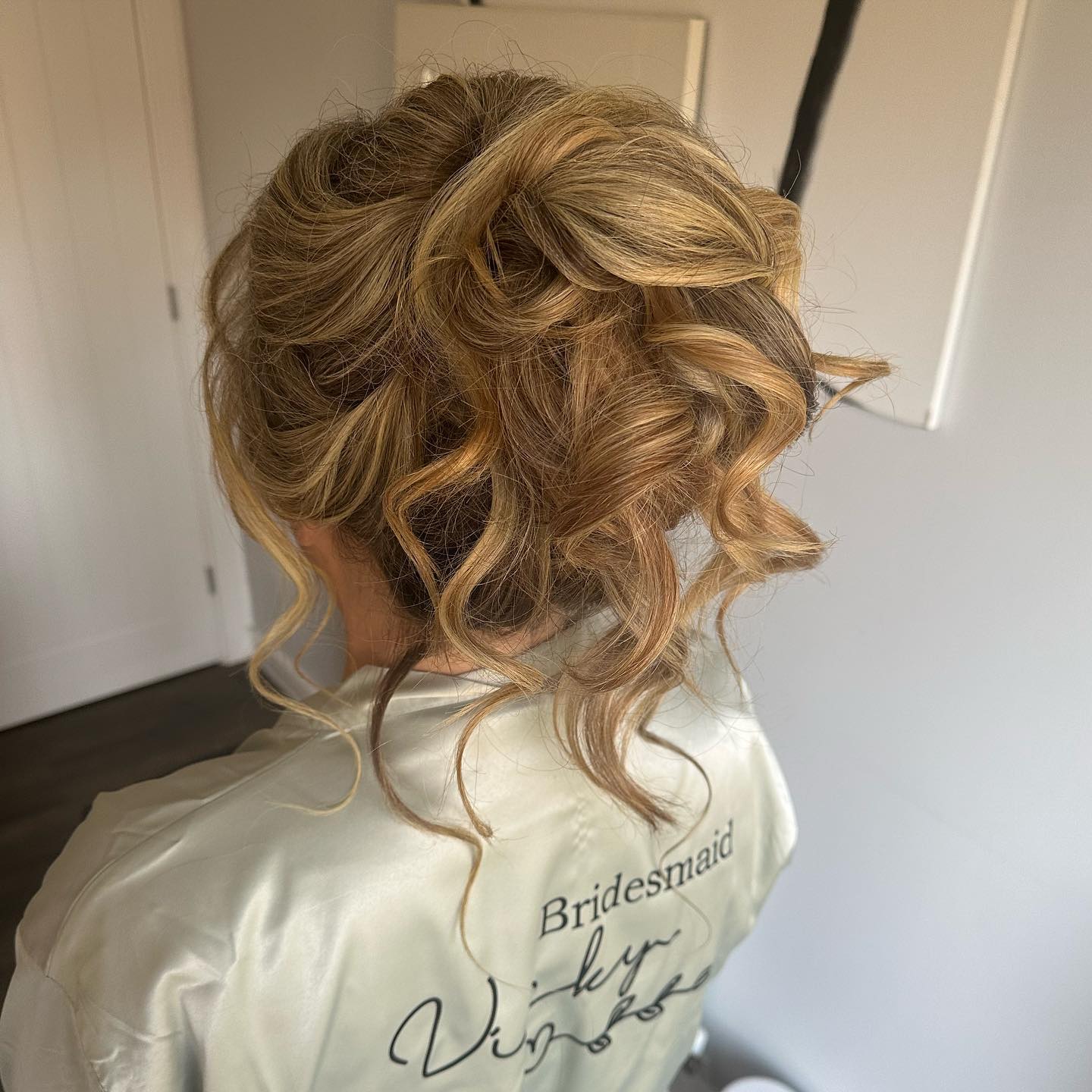 Honey Blonde Updo With Wispy Bangs — Trendy Bridesmaid Hair