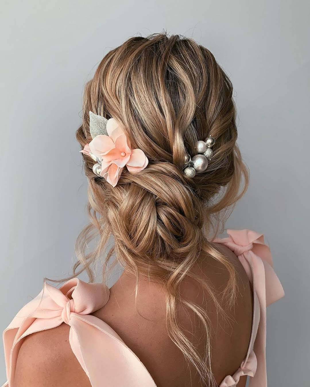 Honey Blonde Half-Up With Floral Accessory — Trendy Bridesmaid Hair