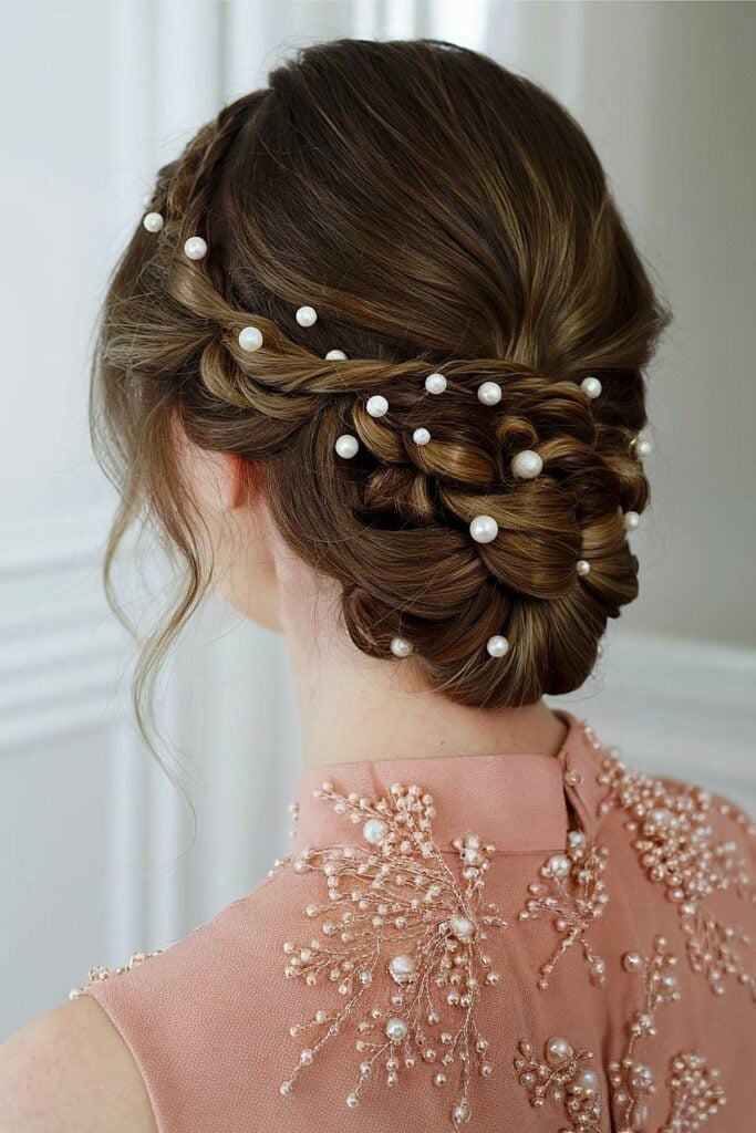 Dark Brown Braided Updo With Pearls — Trendy Bridesmaid Hair