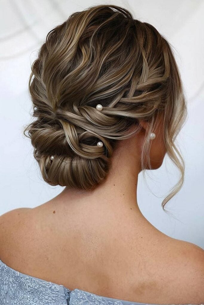 Honey Blonde Braided Updo With Pearls Honey Blonde Braided Updo With Pearls — Trendy Bridesmaid Hair Updo