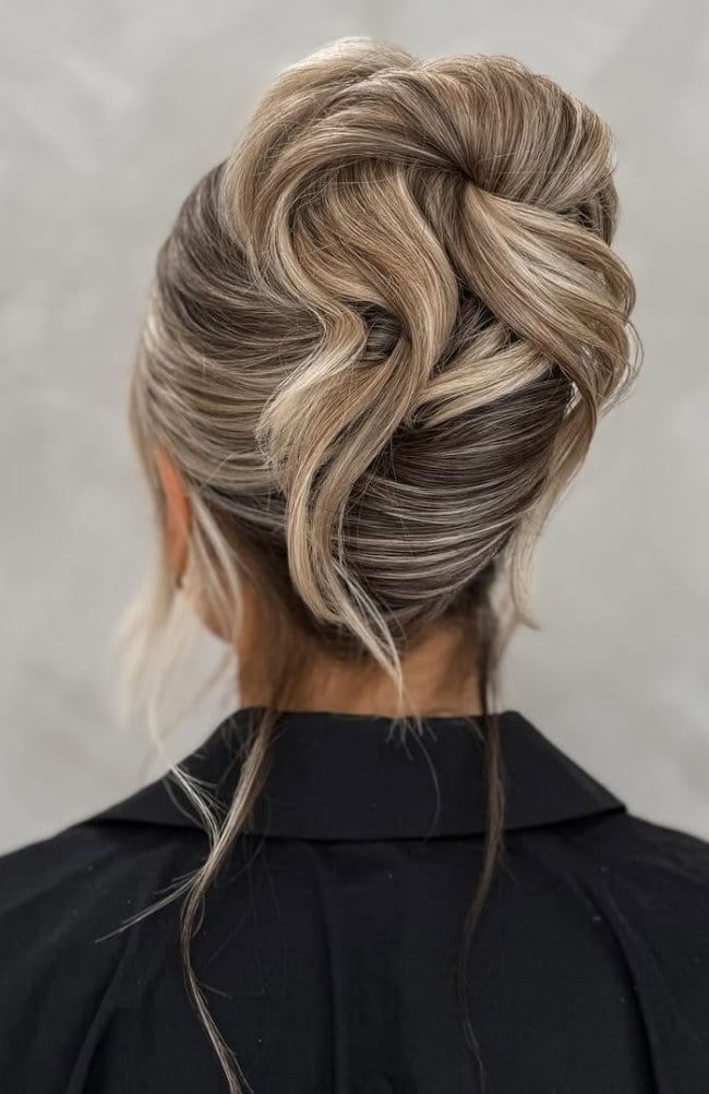 Blonde Twisted Updo With Dark Lowlights Blonde Twisted Updo With Dark Lowlights — Trendy Bridesmaid Hair Updo