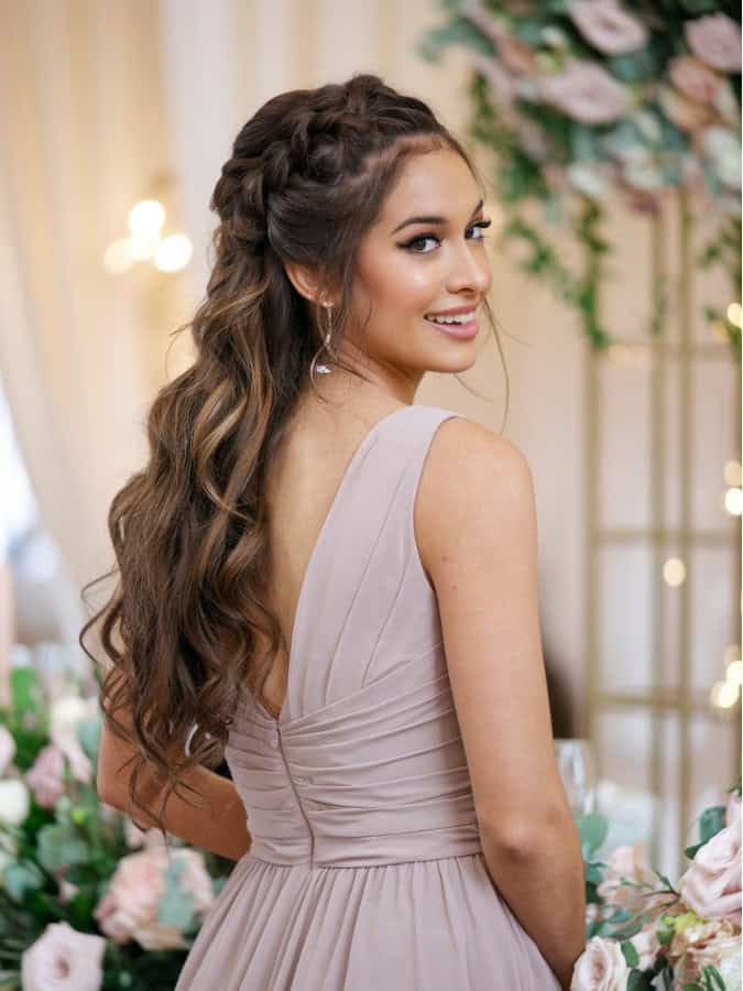 Ash Brown Half Up Braided Sides — Trendy Bridesmaid Hairstyles Down