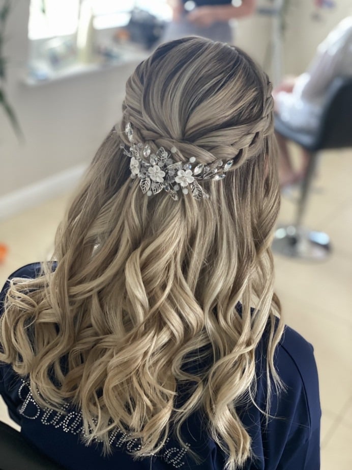 Ash Blonde Half Up With Ornate Accessory — Trendy Bridesmaid Hairstyles Down