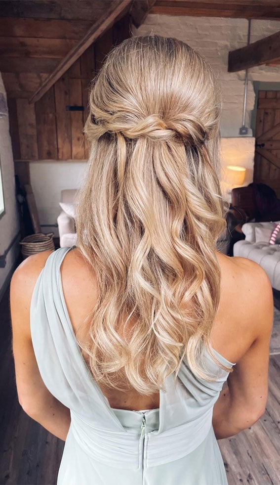 Blonde Mid-Back Twisted Knot Style — Trendy Bridesmaid Hairstyles Down