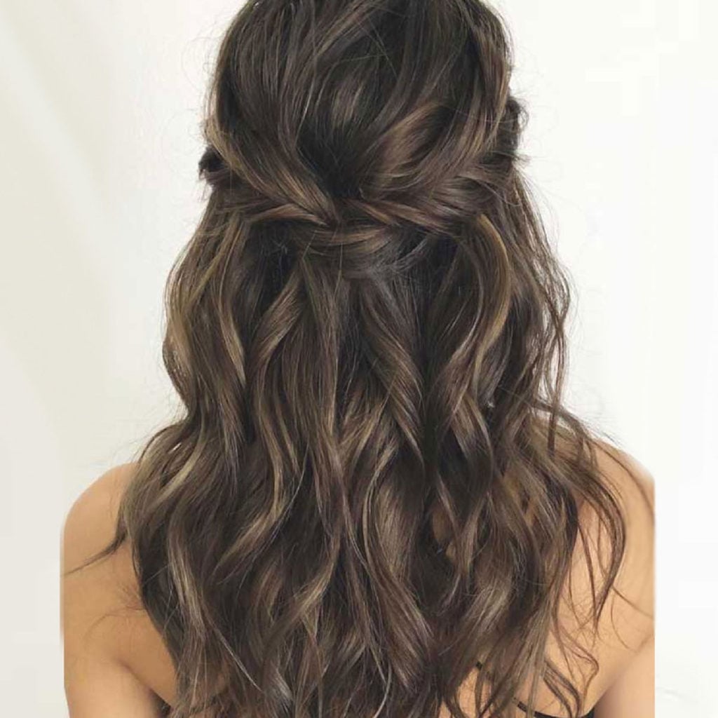 Dark Brown Half Up Twisted Waves — Trendy Bridesmaid Hairstyles Down