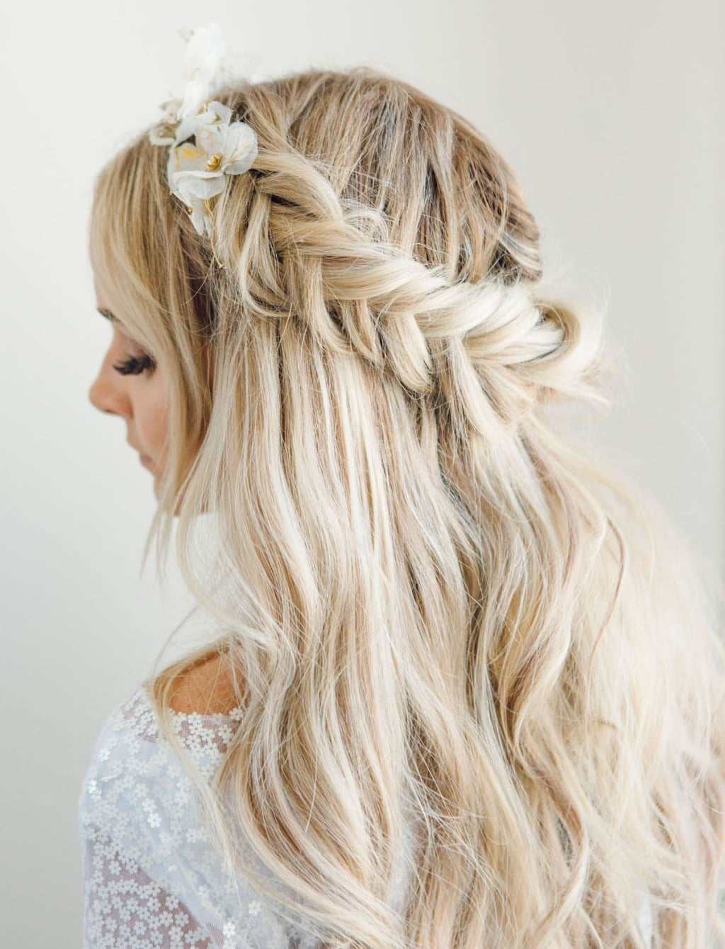 Ash Blonde Half Up Braided Crown With Flowers, Close-Up Take — Trendy Bridesmaid Hairstyles Down