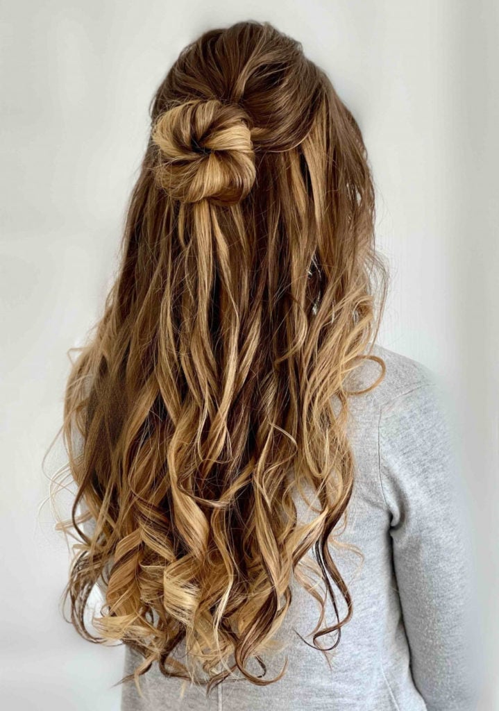 Brown With Blonde Highlights Braided Bun — Trendy Bridesmaid Hairstyles Down