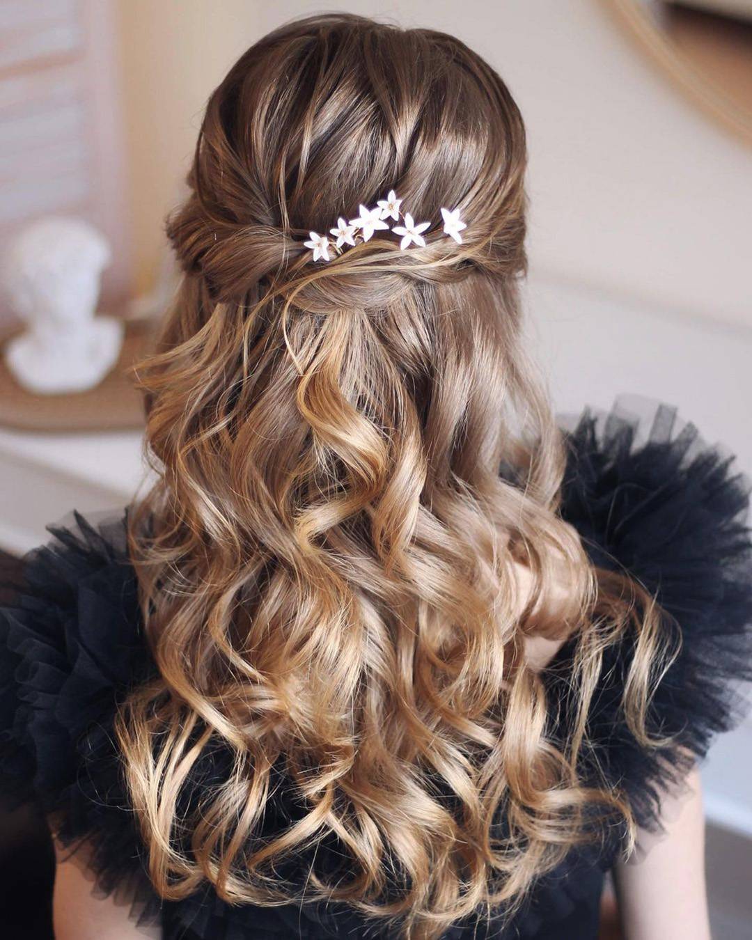 Honey Blonde Half Up With Flower Pins — Trendy Bridesmaid Hairstyles Down