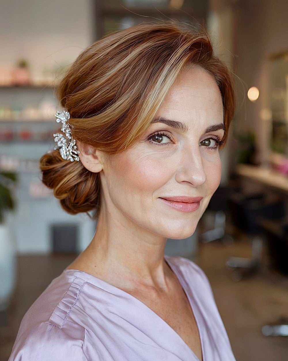 Chin Length Red Updo With Accessory — Trendy Bridesmaid Hairstyles Updo