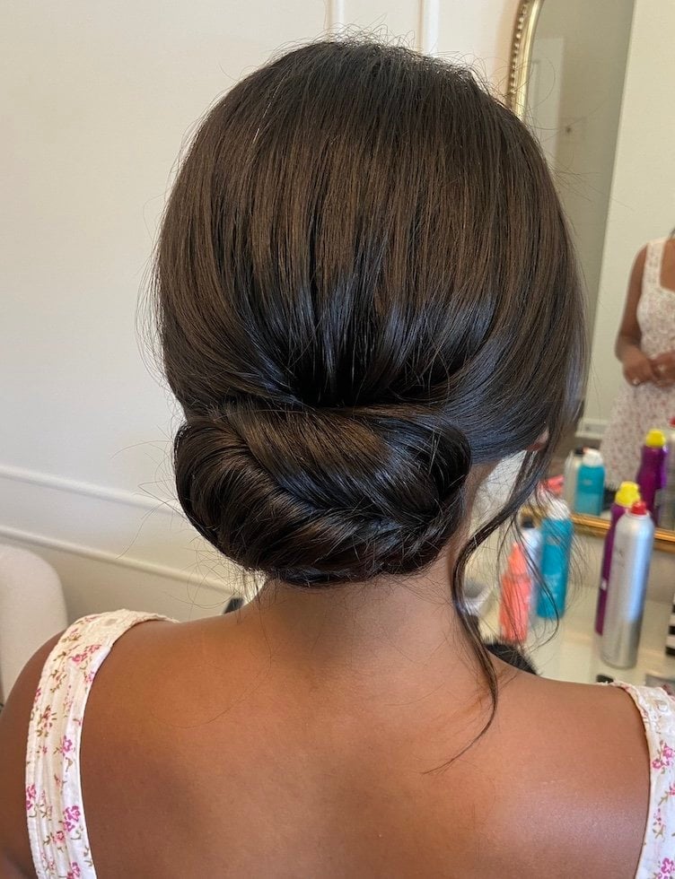 Dark Brown Smooth Low Bun, Collarbone — Trendy Bridesmaid Hairstyles Updo
