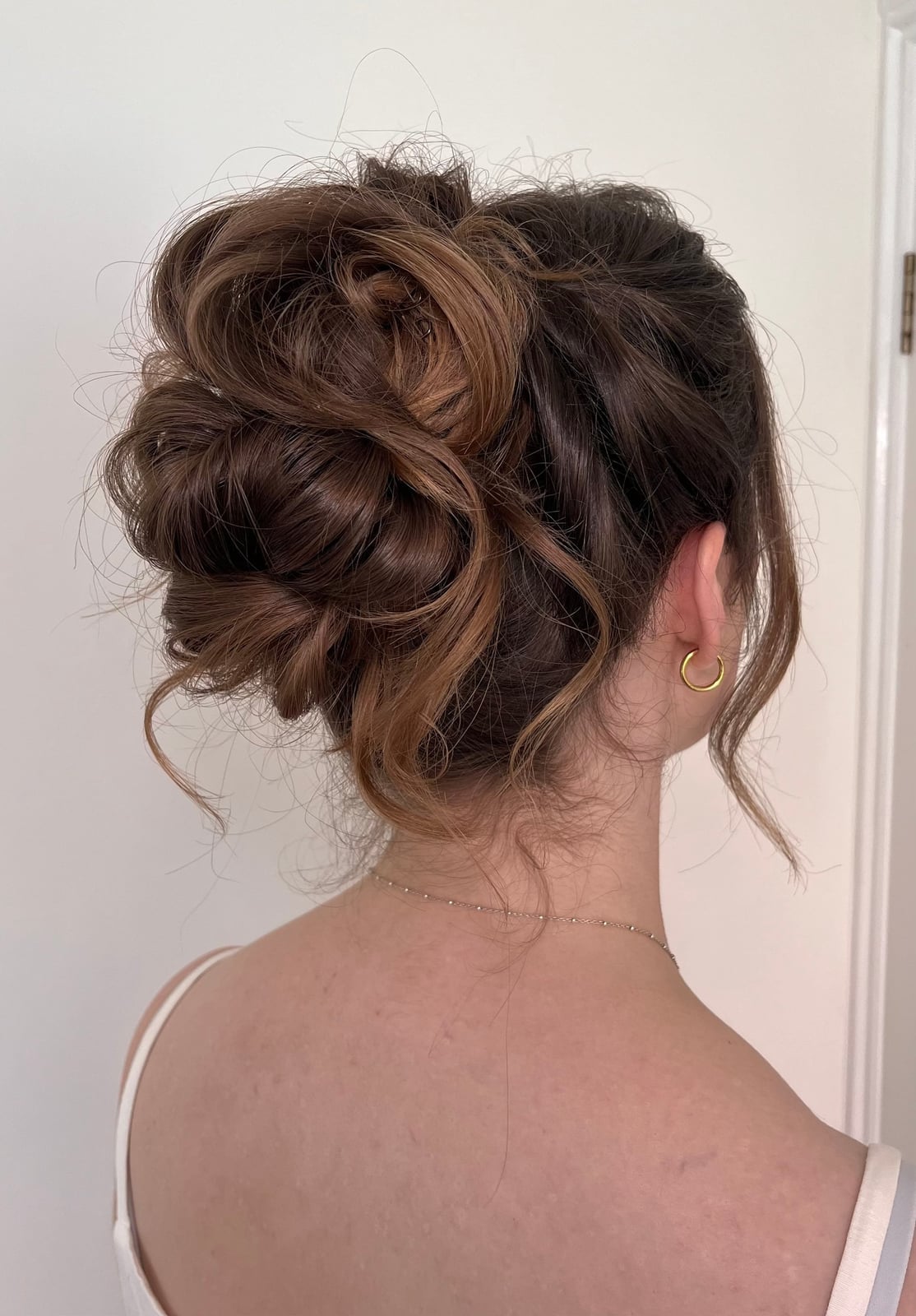 Brown Honey High Updo Loose Loops — Trendy Bridesmaid Hairstyles Updo