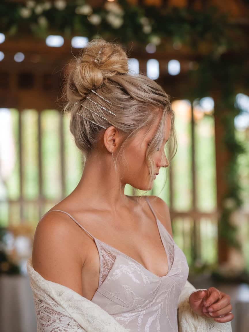 Blonde High Bun Sparkly Hairpins — Trendy Bridesmaid Hairstyles Updo