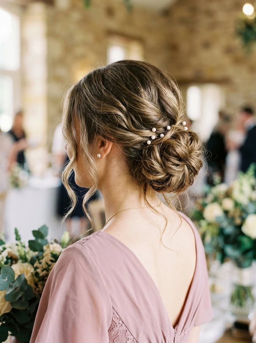 Brown With Highlights Wavy Updo Pearls — Trendy Bridesmaid Hairstyles Updo