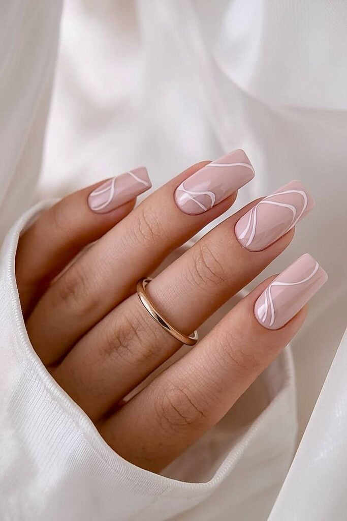 Medium Almond Pink Nude Pearl Accents — Trendy Bridesmaid Nails