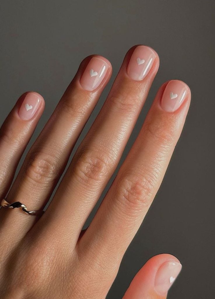 Short Natural Sheer Nude Tiny Heart Nails — Trendy Bridesmaid Nails