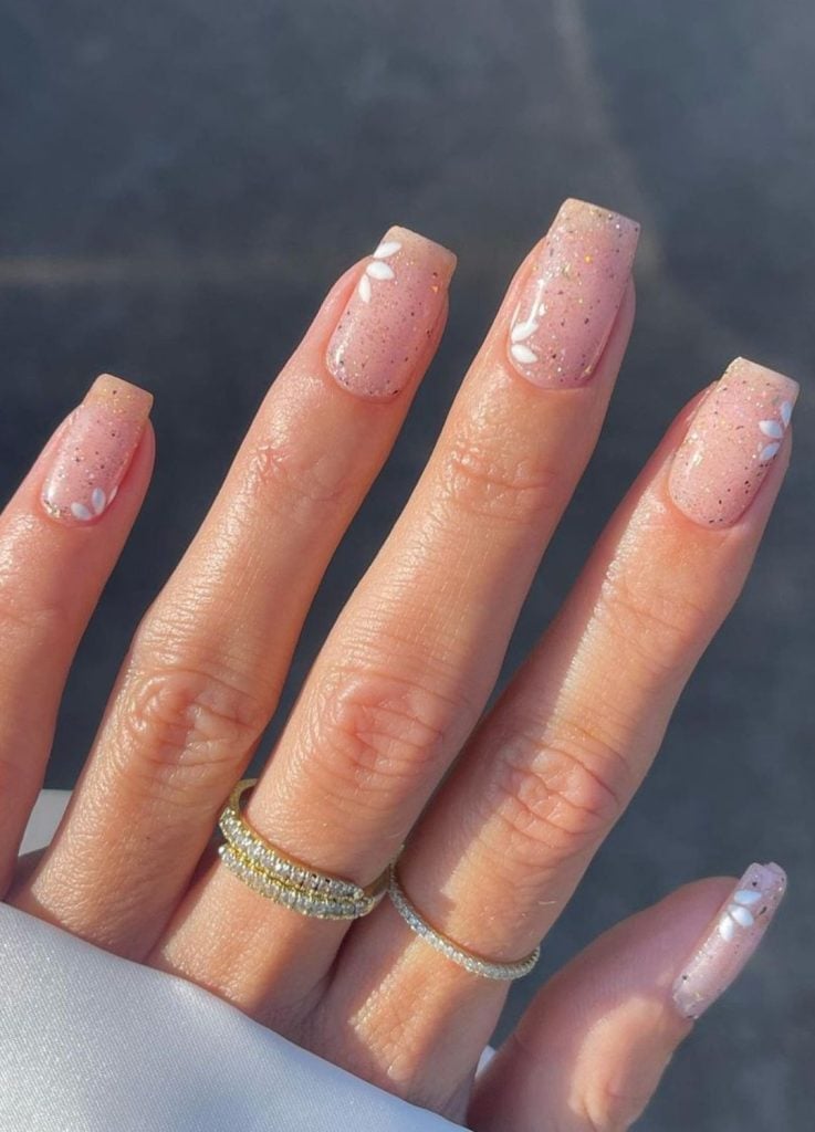 Short Square Pink Glitter Floral Accents — Trendy Bridesmaid Nails