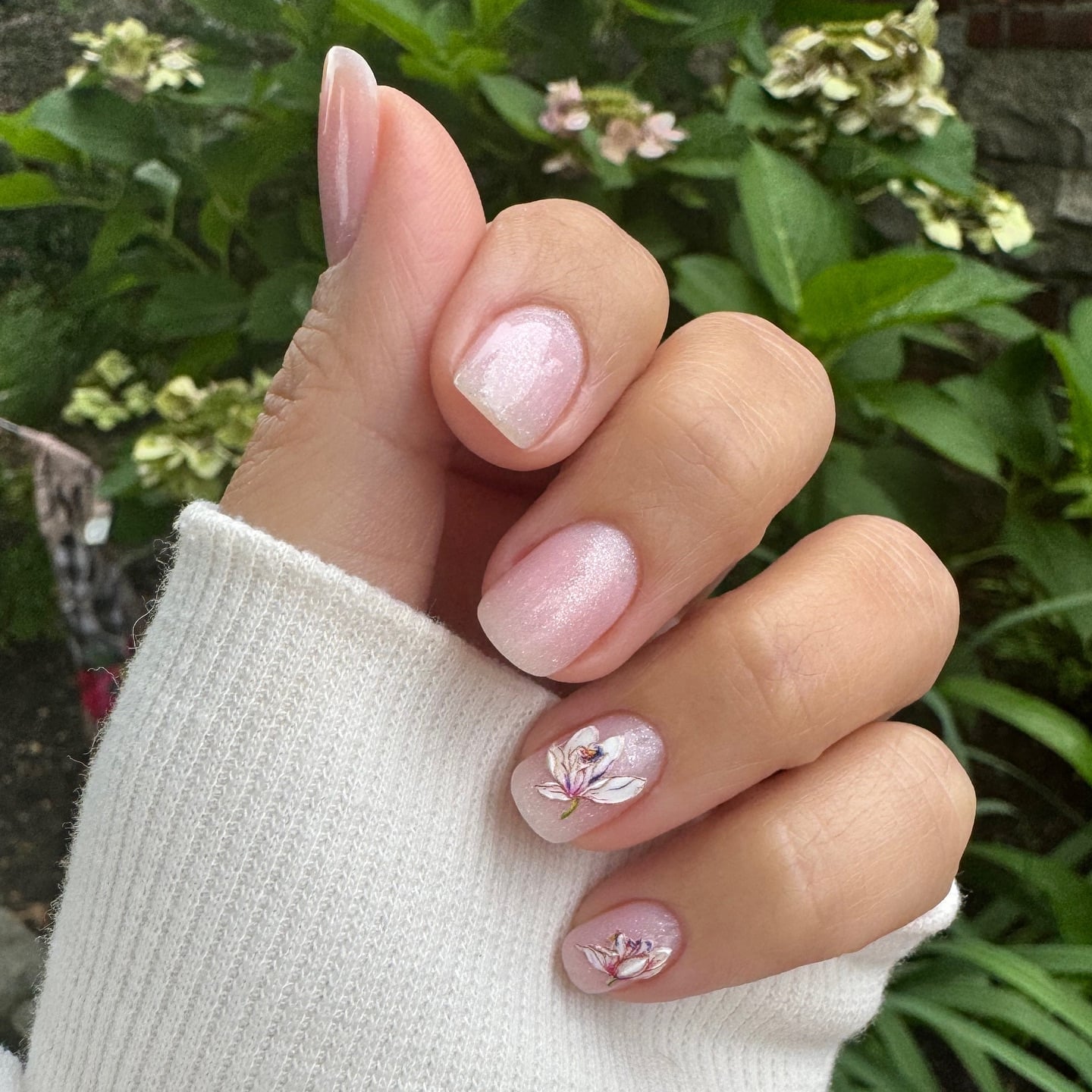 Short Square Sheer Pink Delicate Floral Art — Trendy Bridesmaid Nails