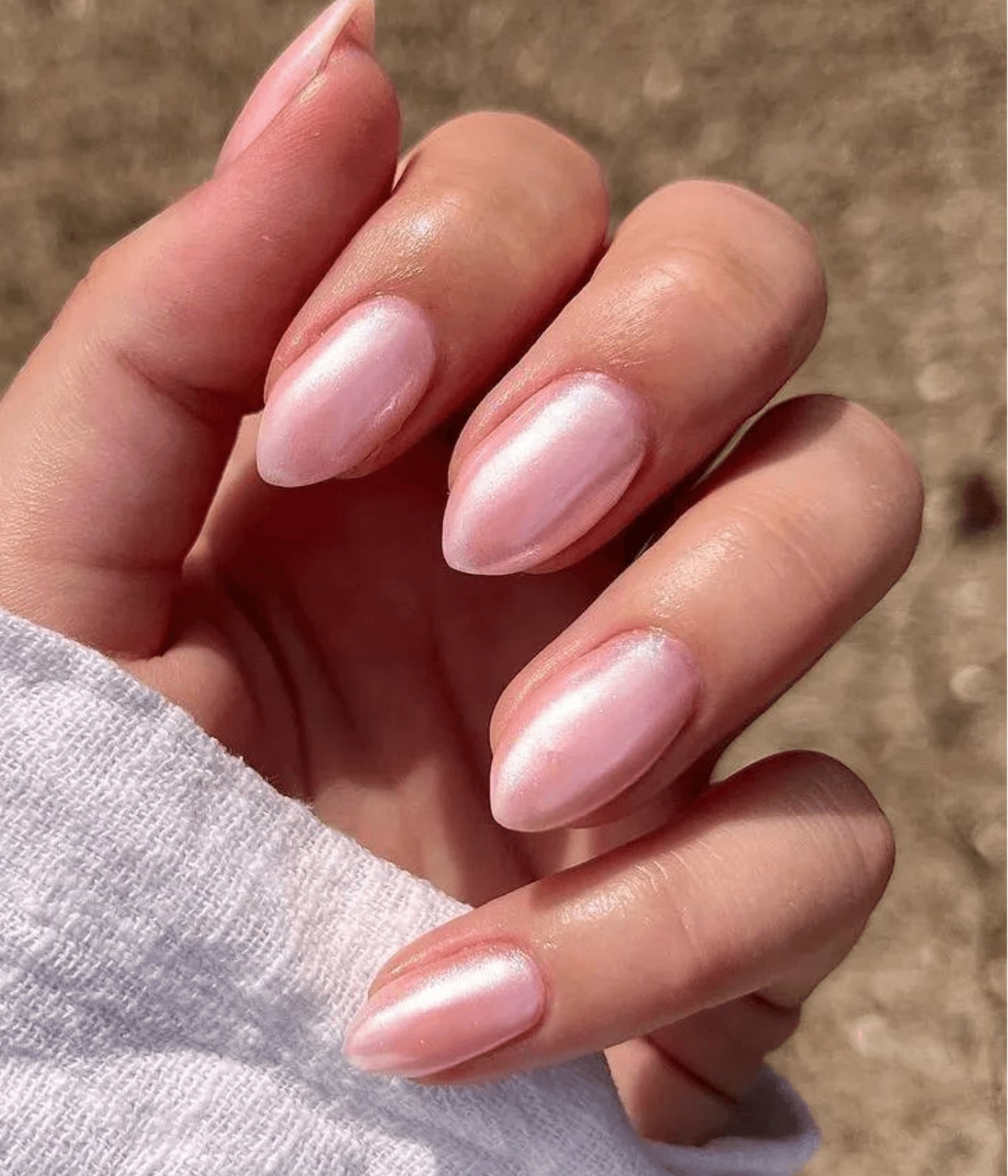 Medium Almond Pale Pink Pearlescent Shimmer — Trendy Bridesmaid Nails
