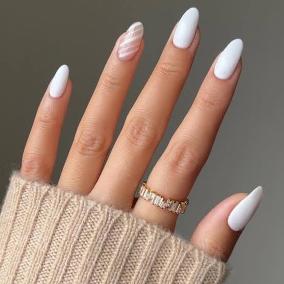 Medium Almond Glossy White Diagonal Stripe — Trendy Bridesmaid Nails