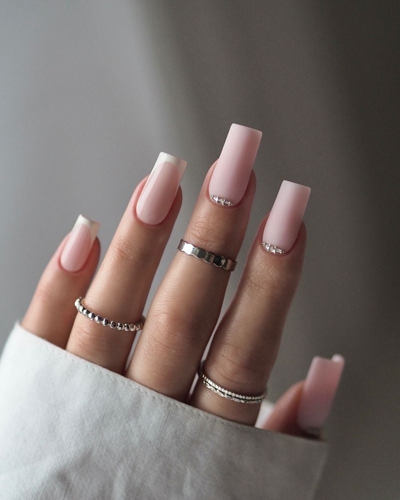 Long Soft Square Pink Matte French Rhinestone Nails — Trendy Bridesmaid Nails