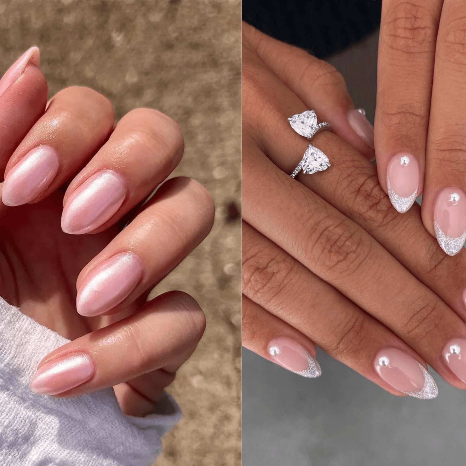 Short Oval Sheer Pink Glitter French Pearl Accents — Trendy Bridesmaid Nails