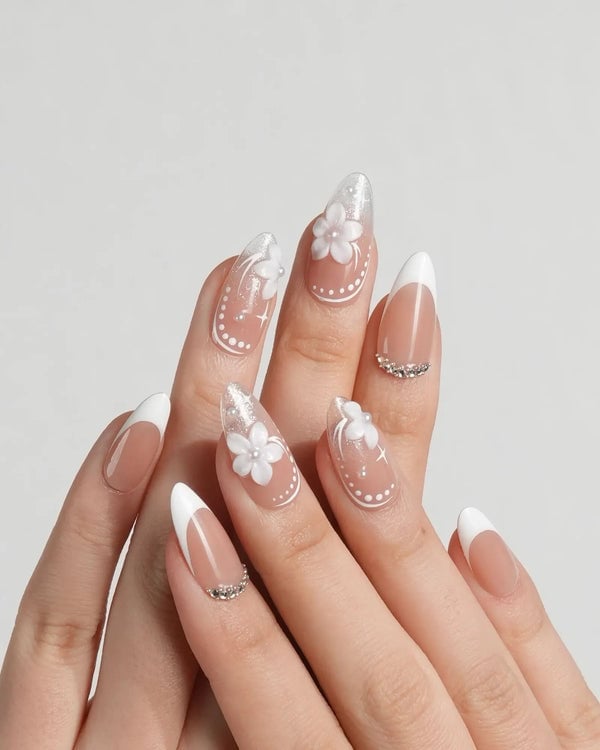 Medium Almond 3D Flowers Glitter French Accents — Trendy Bridesmaid Nails